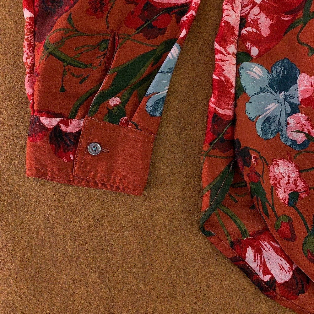 Anthropologie Womens Medium Rust Orange Floral Button Up Long Sleeve Tunic Top - Picture 3 of 13